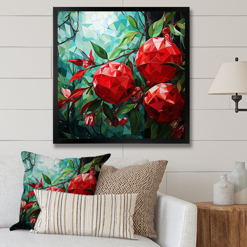 Summer Cherries Cubic Design I - Art mural cerise, H 30 po x l 30 po x P 1,5 po, Cadre simple noir