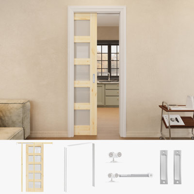 Porte en bois de pin massif 30 po x 80 po à 5 portes en verre massif avec quincaillerie argentée et cadre de porte blanc