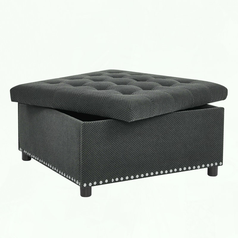 Repose-pieds carré avec rangement capitonné et garniture cloutée, Gris foncé