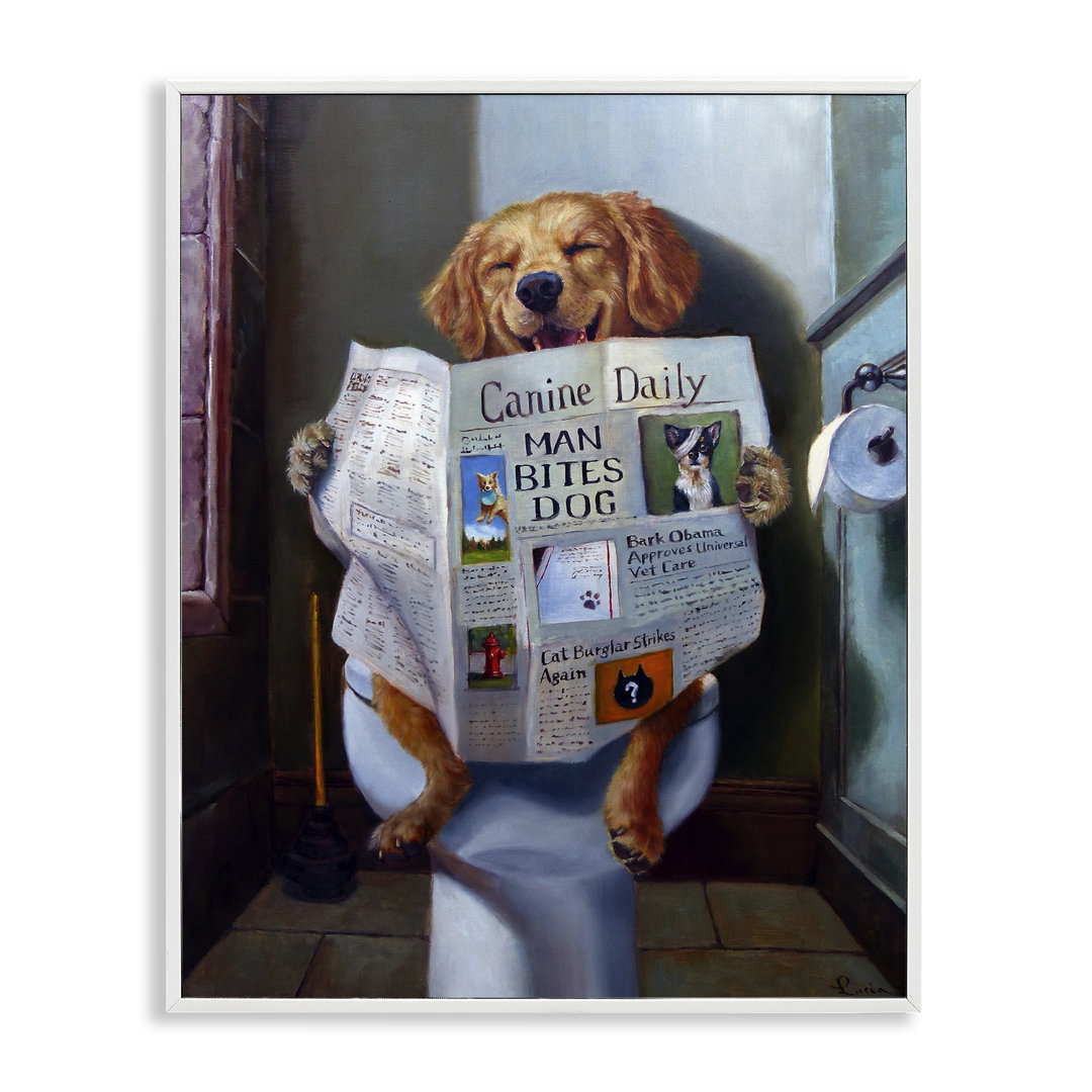Dog Reading the Newspaper On Toilet Funny - Single Frame Graphic Art Print on Canvas Ebern Designs Frame 