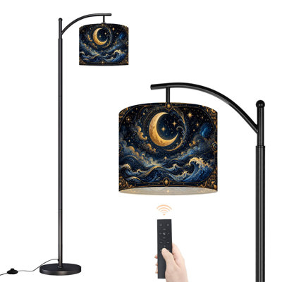  Lampe sur pied à arc en forme de croissant de lune, étoiles abstraites, vagues de l'océan bleu, ornements décoratifs, grande lampe sur pied moderne, abat-jour réglable en lin à 3 couleurs