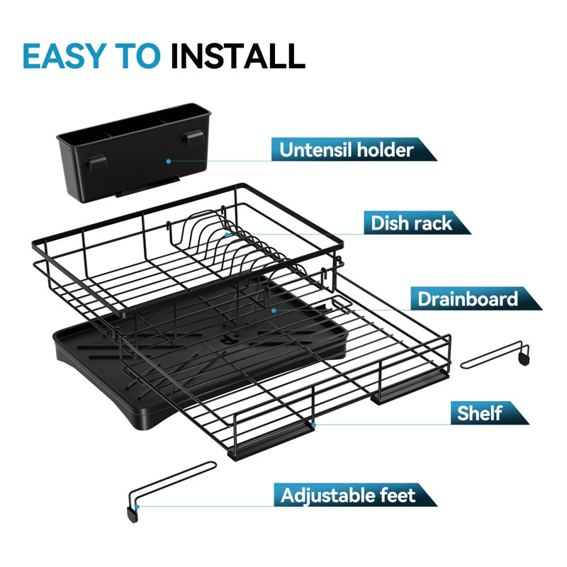 Expandable Black Metal Dish Drying Rack with Utensil Cup