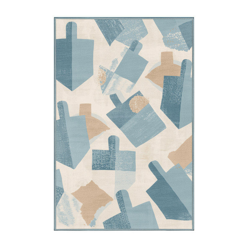 Tapis abstrait moderne et contemporain lavable à la machine à motif de Hanoukka beige - reliure bleu ciel, 3 X 5