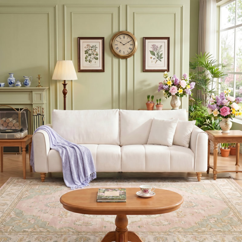 87" Modern Flared Arm Textured Linen Sofa, Beige