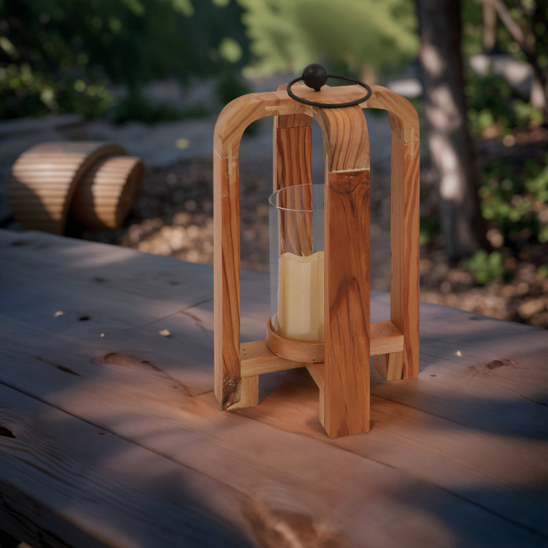 Wooden Hurricane Candle Holder with Metal Handle
