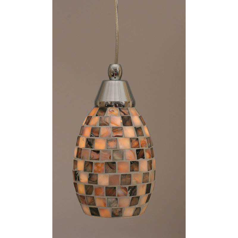 Cord Hung Mini Pendant Shown In Black Copper Finish With 10" Amber Crystal Glass, Chrome, 6" W, Seashell Glass