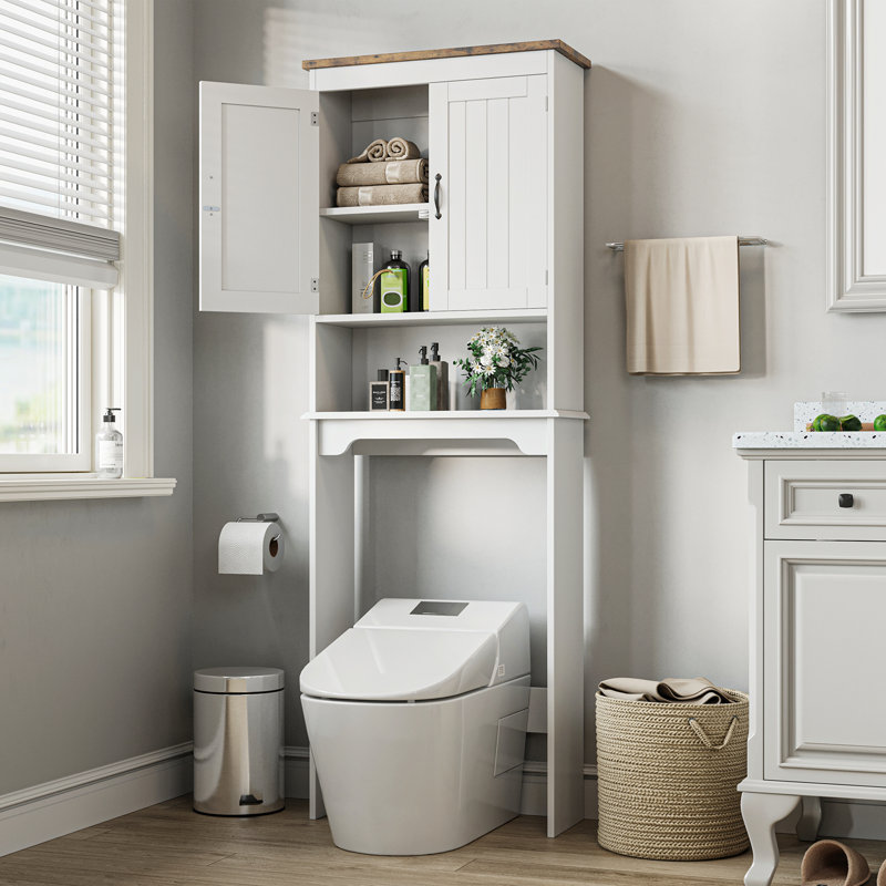 Space-Saving Over the Toilet Storage Cabinet – Double Doors, Adjustable Shelves, Open Compartment – Bathroom Organizer for Small Bathrooms – Easy Assembly – White