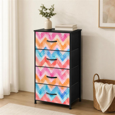 Commode 4 tiroirs pour la chambre à coucher Aquarelle rose, orange, bleu, géométrique, rayures en zigzag, petite grande commode pour vêtements pour commode avec commode