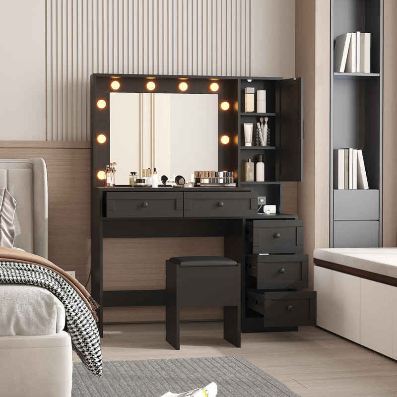 Makeup Vanity Stool Set, Small Vanity Desk With Lighted Mirror, Charging Station, Lindsborg Drawers, Black