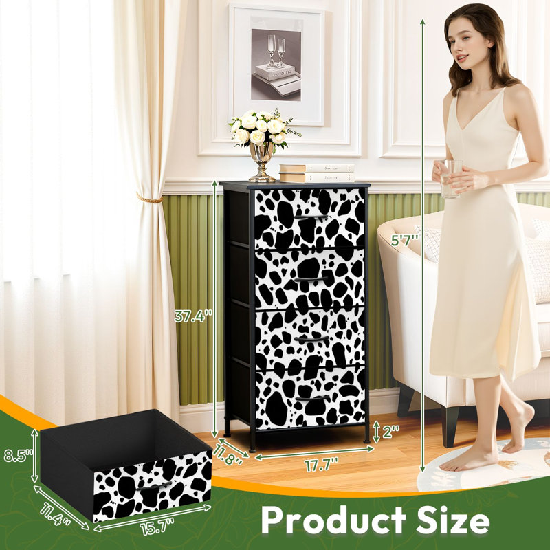 Commode à 4 tiroirs pour chambre à coucher, motif vache, texture peau western, taches de bétail, fourrure blanche, petite commode haute pour placard, rangement avec tiroirs et bacs de rangement en tissu.