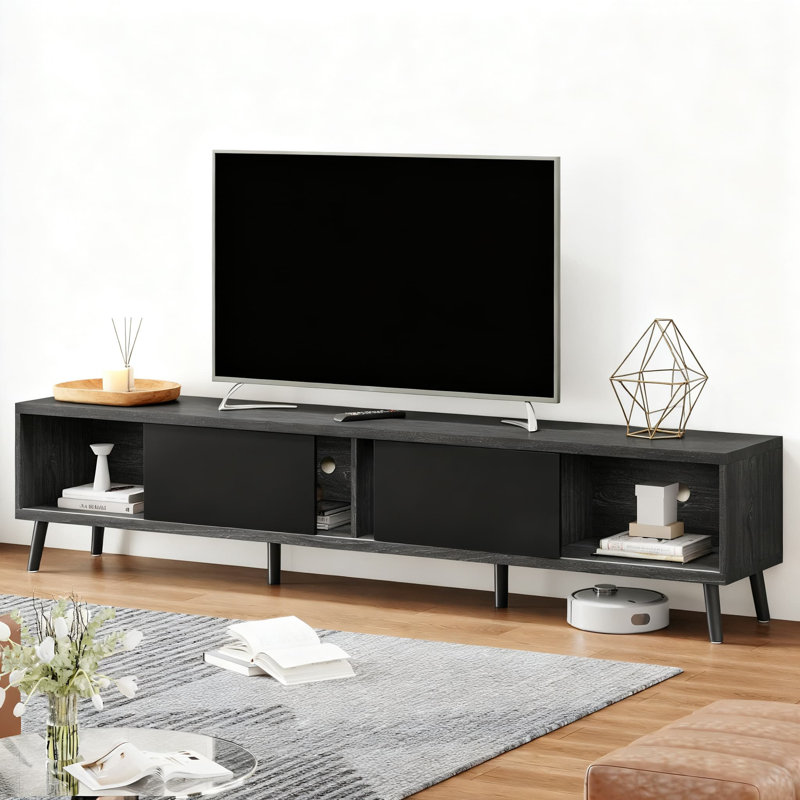 Meuble télé Mid-Century moderne avec portes coulissantes et gestion des câbles, centre de divertissement de 70 pouces avec amplement d'espace de rangement pour les téléviseurs à grand écran