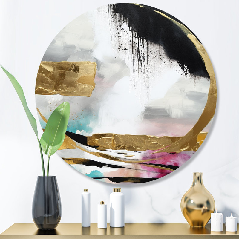 Gold And Black Geometric Enchantment II - Abstract Marble Round Wall Art on Metal, 16" H x 16" W x 1" D