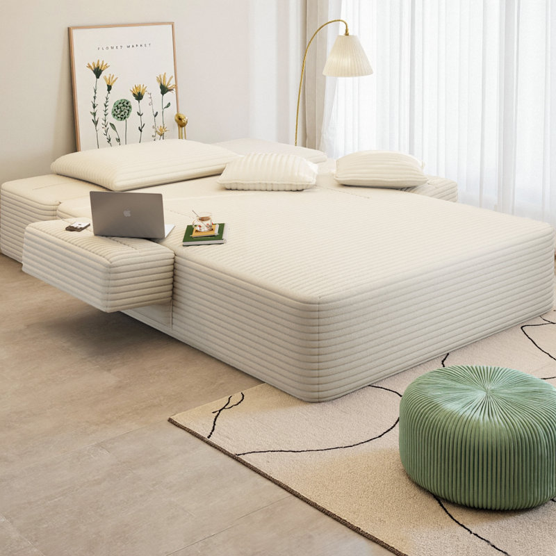 Chaise longue en velours côtelé moelleux avec 3 coussins, canapé-lit convertible avec fermeture à glissière cachée et poche latérale, conception sans cadre, aucun assemblage requis pour les petits espaces, salon, appartement