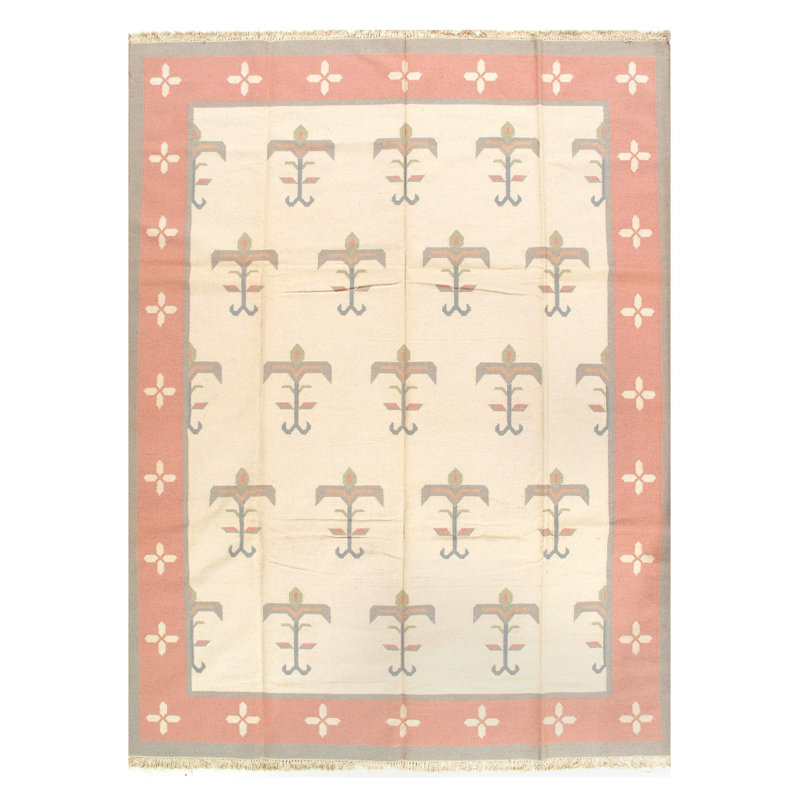 Tapis rouge / beige / bleu en laine / coton fait à la main 9 pi 5 po x 12 pi Waldmann