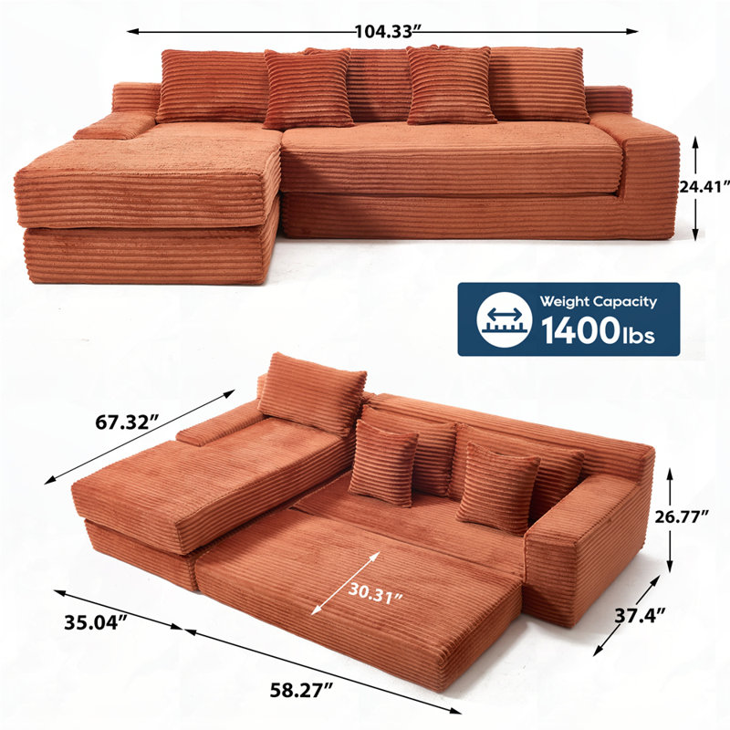 Canapé à compression Boneless, Velours côtelé orange