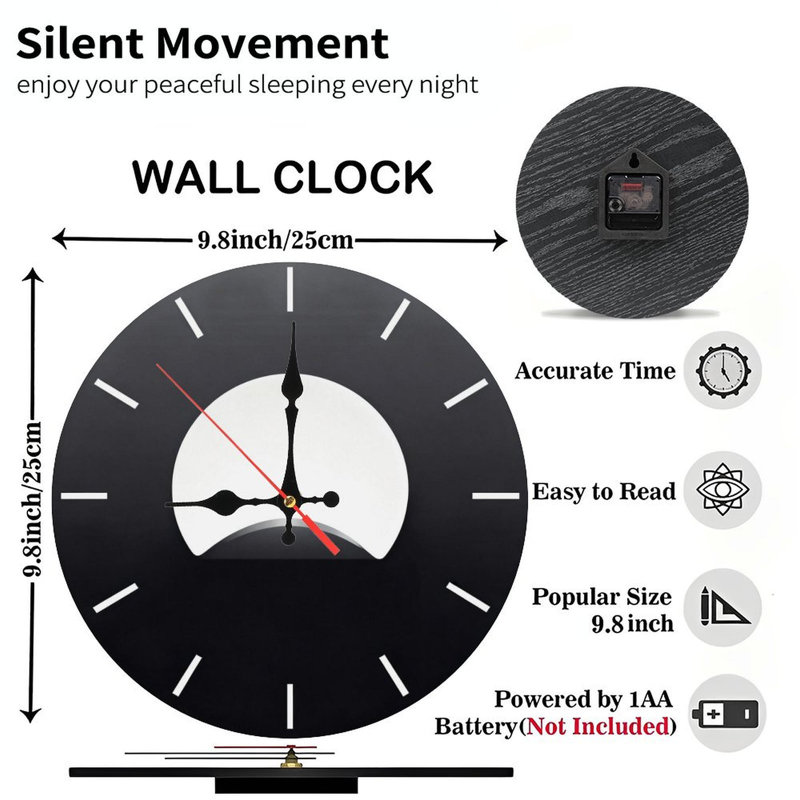 Horloge murale ronde en bois 10 po, mouvement à quartz silencieux, imprimé UV, à piles, Noir