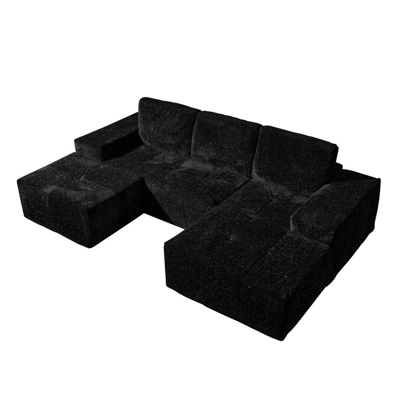 114.5''  L-Shaped Cloud Sectional Sofa with Chaise & Ottoman, Right Hand Facing, Black