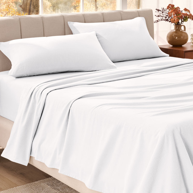 Organic 100% Cotton Flannel Sheet Set, Full Sheet Set with 2 Pillowcases, White