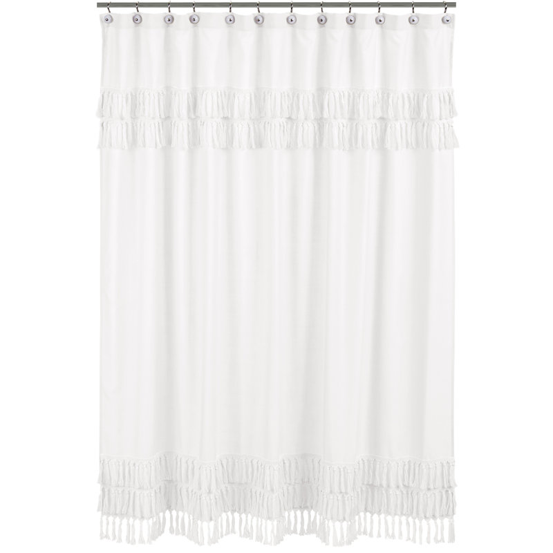White Cotton Bohemian Shower Curtain with Tassel Trim