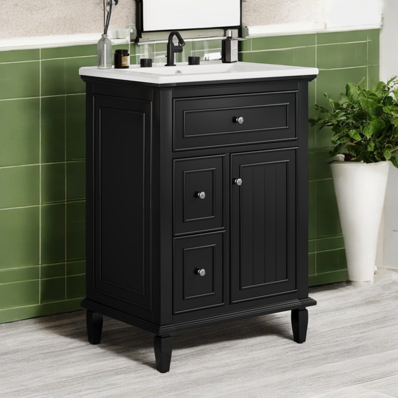 24" Single Bathroom Vanity Set With Ceramic Top, Black, Silver
