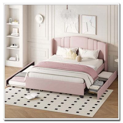 Queen Size Upholstered Platform Bed with Wingback Headboard, Twin Trundle  2 Drawers, No Box Spring Needed