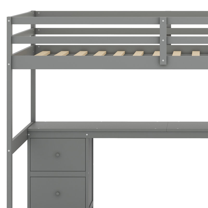 Jaxsten Twin Size Loft Bed Frame with Built-in Desk and Double Storage Drawers, Gray