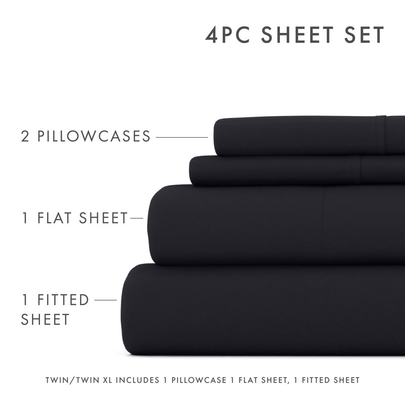 Solid Microfiber Ultra Soft Sheet Set, Queen Sheet Set with 2 Pillowcases, Black