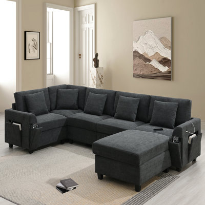 Canapé modulaire en U en U, ensemble de canapé en chenille 6 places avec repose-pieds surdimensionné, rangement pour accoudoirs cachés et porte-gobelets, ports de chargement USB, canapé à large siège pour le salon, appartement, 2 couleurs