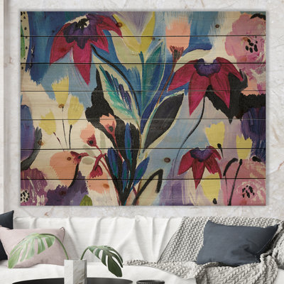 Composition de fleurs bleues et mauves II - impression florale sur bois de pin naturel