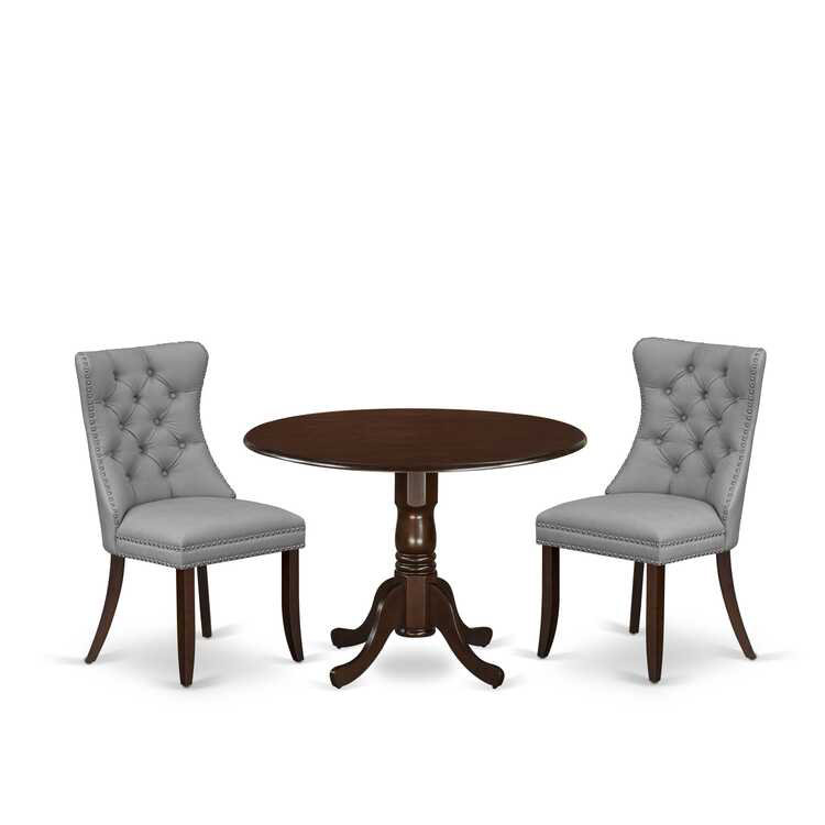 3-Piece Antique Walnut Finish Solid Wood Top-Round Upholstered Dining Room Set with Dropleaf-Seats 4, Mahogany, Light Gray