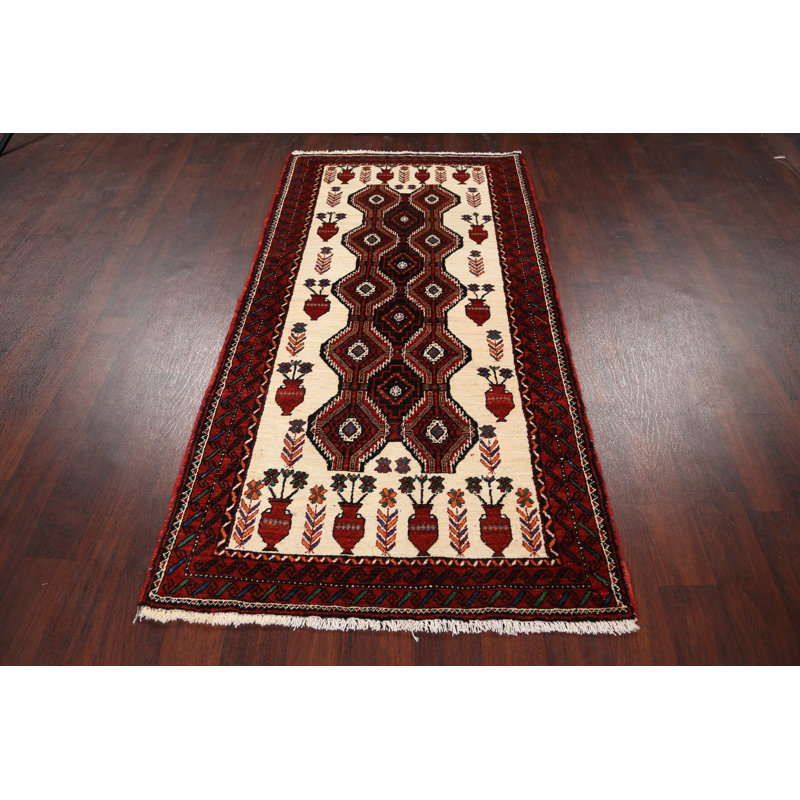 Tapis décoratif en laine de conception unique noué à la main New Age Balouch Ivoire 3 pi 3 po x 6 pi 4 po