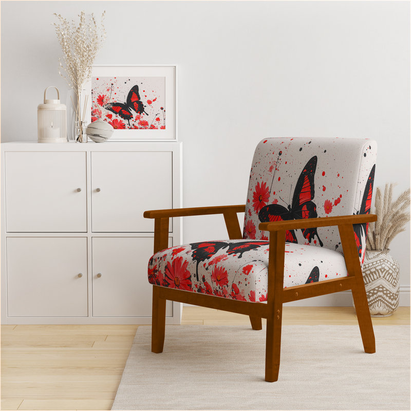 Magiera - Buttlerfly In Watercolor Painting - Velvet  Upholstered Floral Accent Arm Chair, Red, Brown