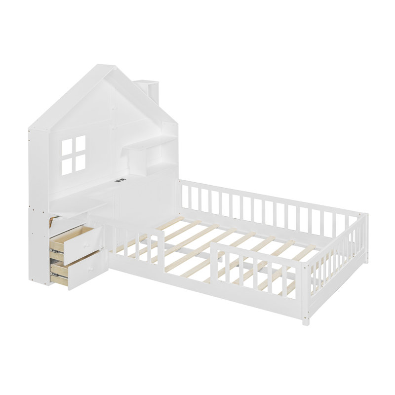 Lit double pleine grandeur avec fenêtre et tiroirs de chevet, lit plateforme avec tablettes et ensemble de prises et port USB, blanc