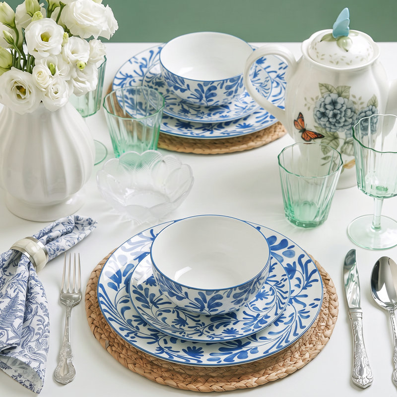 Service de table en porcelaine 16 pièces, ensemble de bols à assiettes florales bleues et vertes, service pour 4, Blue