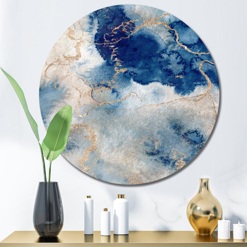 «Blue and Gold Marble Clouds III», art mural moderne en métal, H 36 po x l 36 po