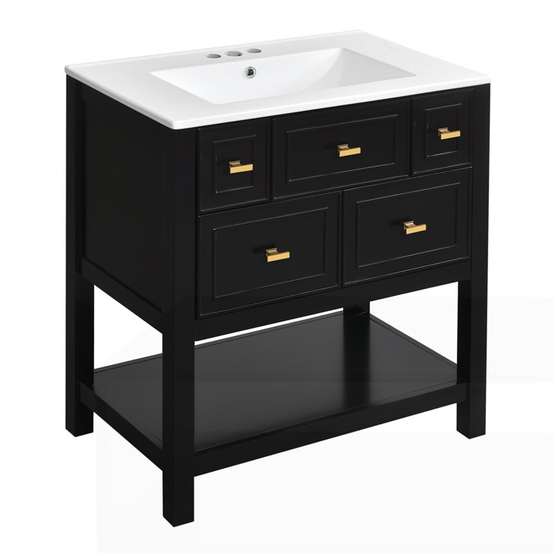 Ensemble de meuble-lavabo simple autoportant avec 5 tiroirs, Noir