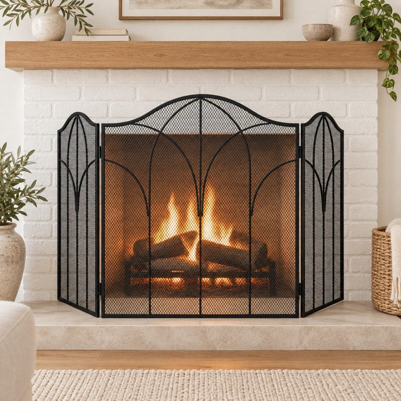 48" 3-Panel Wrought Iron Fireplace Screen with Foldable Spark Guard