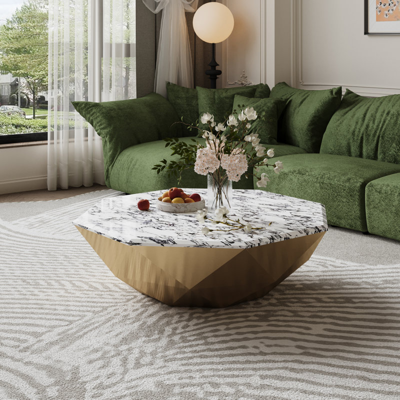 Modern Geometric Stone Coffee Table - Luxury Metallic Gold Frame Living Room Center Table, Polygonal Cocktail Table