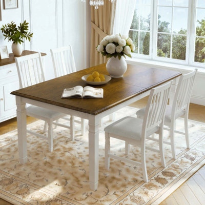 Ensemble de table de salle à manger extensible 5 pièces pour 4 personnes, table de placage en chêne de style campagnard et 4 chaises à dossier en lattes rembourrées, ensemble de salle à manger à structure compacte en bois d'hévéa massif