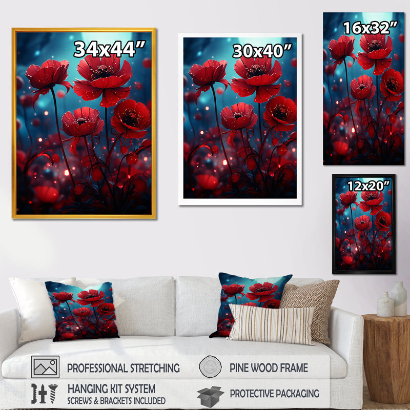 Ruby Red Poppy Moonlight - Poppies Wall Art, Gold Floater Framed, 20" H x 12" W x 1" D