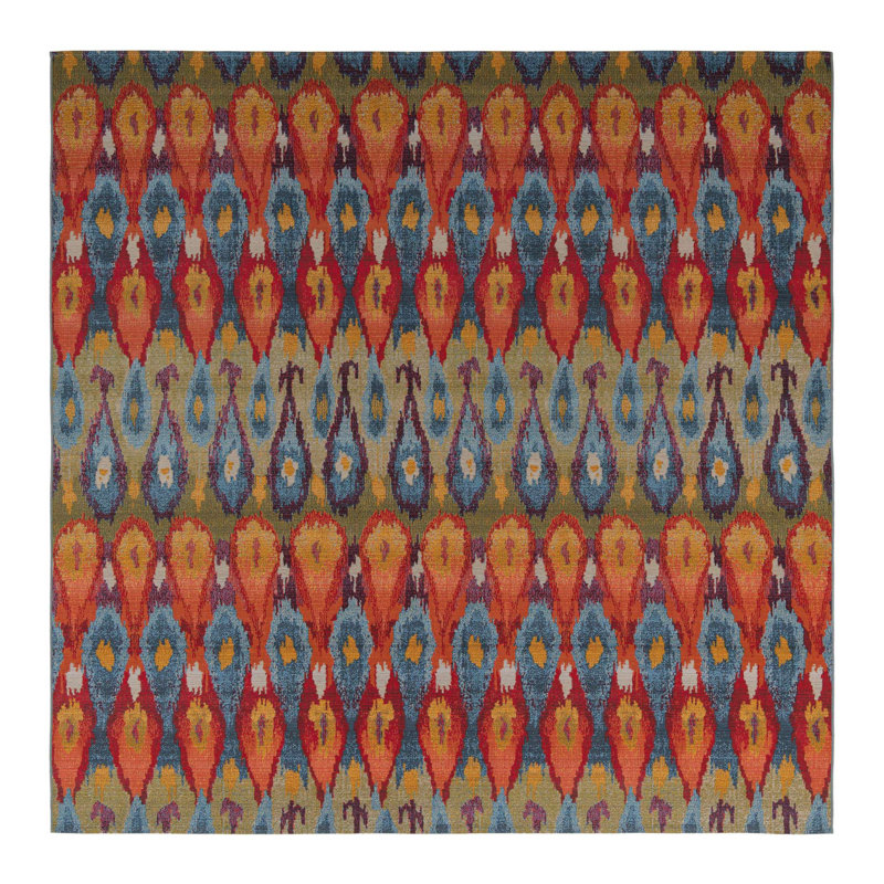 Tapis bleu intérieur / extérieur Newt Ikat, Carré 10 pi