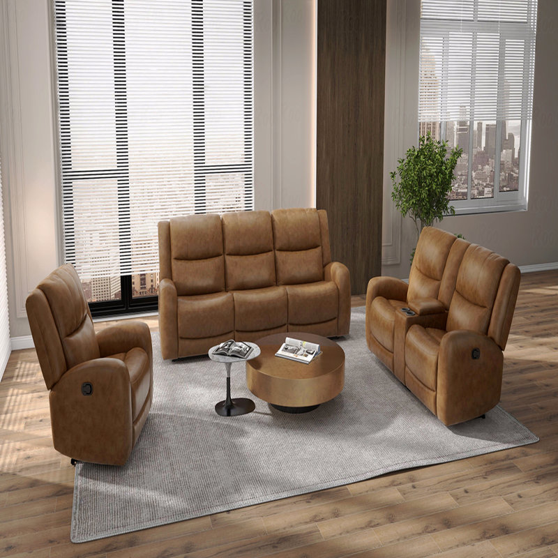 Transitional Style Manual With Recliner Function High Density Foam Contour Arms Wide Seat Brown Finish Primary Living Room