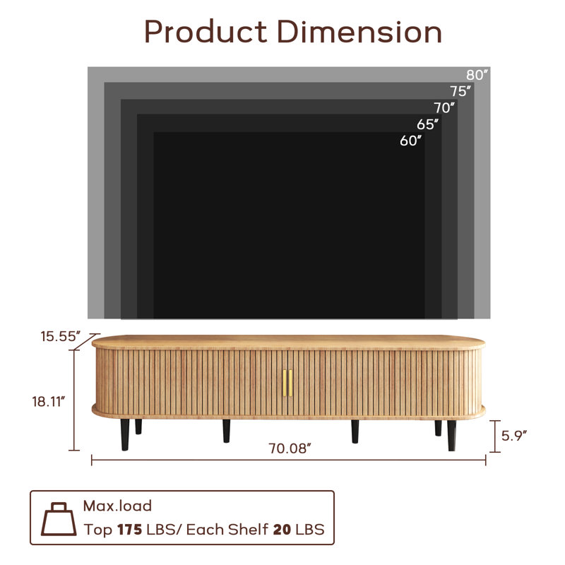 Mid-Century Modern TV Stand TV Console with Tambour Doors, Adjustable Shelves & Curved Edges, 60-80 Inch Media Console for Living Room, Bedroom, or Home Office with Metal Legs