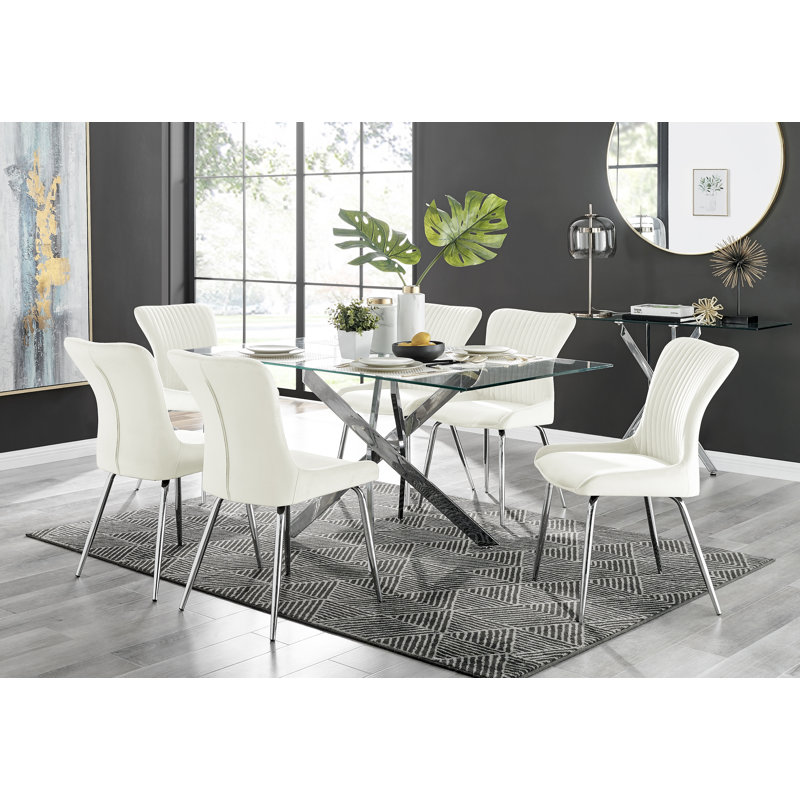 Lenworth Chrome and Glass Rectangular Dining Table Set with 6 Velvet Dining Chairs