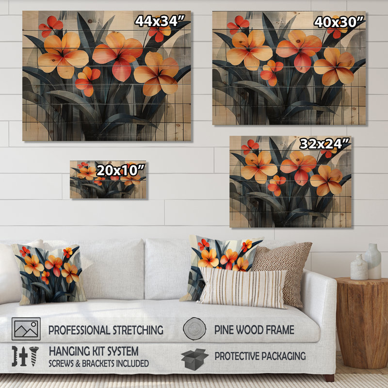 Summer Hibiscus In A Geometric Symphony II - Hibiscus Wood Wall Decor - On Natural Pine Wood, 34" H x 44" W x 0.78" D