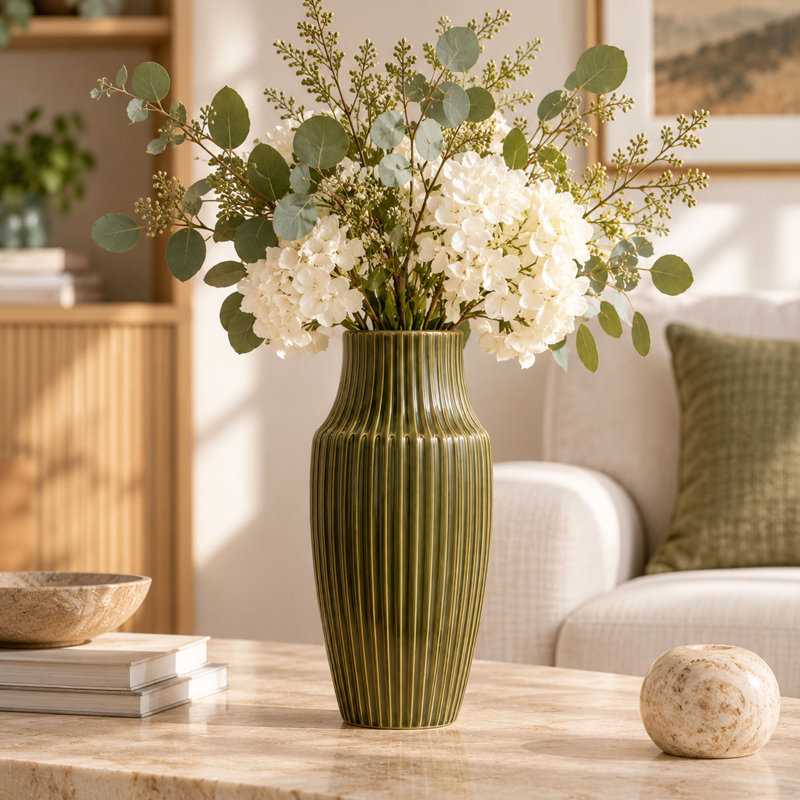 Vase à fleurs en céramique verte côtelée de 30 cm (12 pouces) pour la décoration intérieure et les centres de table