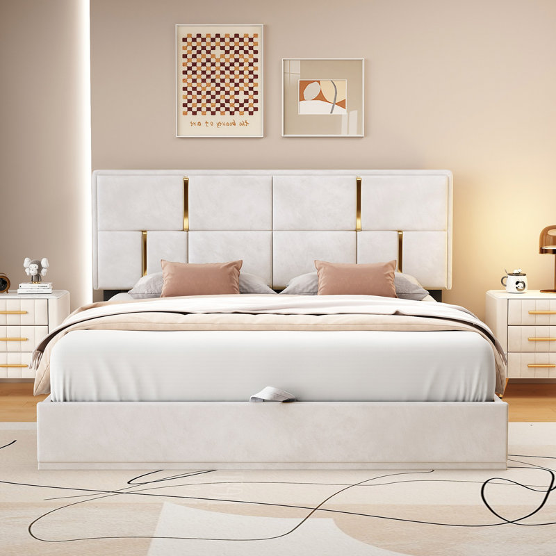 Upholstered Platform Bed With Hydraulic Storage System,No Box Spring Needed, Beige Velvet