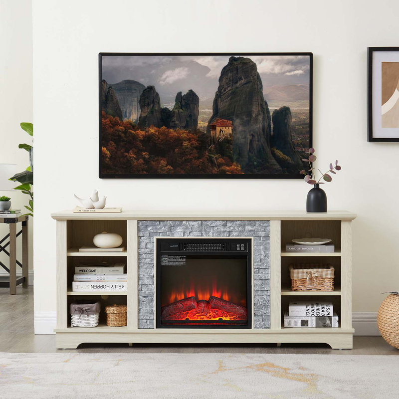 Meuble télé avec foyer électrique en pierre Mantel, Blanc, H 26 po x l 58 po x P 15 po, Oui