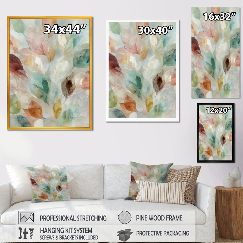 «Soft Leaves In Hazy Watercolor - Plants», impression sur toile botanique verte, H 44 po x l 34 po, Cadre flottant, Noir