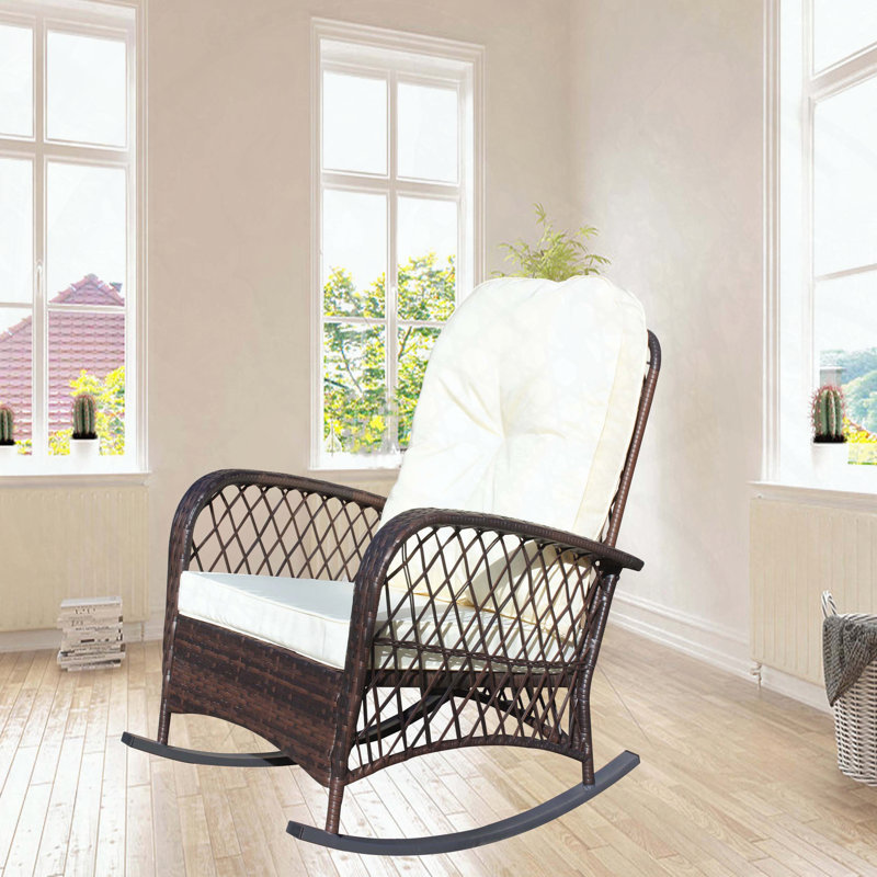 Outdoor Wicker Rocking Chair with Thick Soft Cushion, White Cushion/Espresso Frame
